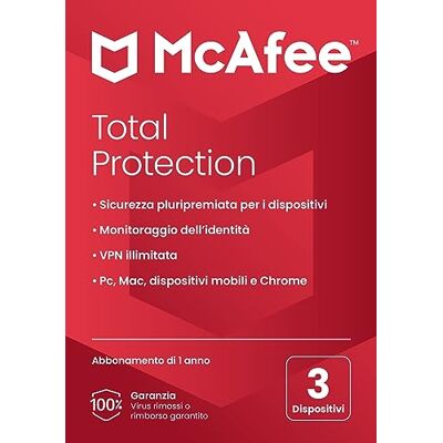 McAfee Total Protection 3 dispositivo 2025 12 mesi VPN sicura, software di sicurezza che include antivirus, gestore delle password, monitoraggio dell'identità Consegna postale McAfee Total Protection 3 dispositivo 2025 12 mesi VPN sicura, software di sicurezza che include antivirus, gestore delle password, monitoraggio dell'identità Consegna postale