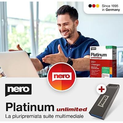 Nero Platinum Unlimited Suite Multimediale con Keycard e USB Video Editing 4K/8K AI Foto Conversione e Masterizzazione Backup & Ottimizzazione Licenza Lifetime 1 PC Windows 11/10 Nero Platinum Unlimited Suite Multimediale con Keycard e USB Video Editing 4K/8K AI Foto Conversione e Masterizzazione Backup & Ottimizzazione Licenza Lifetime 1 PC Windows 11/10