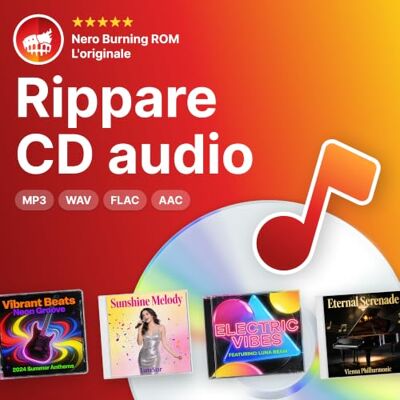 Nero CD Ripper Software Convertire CD audio in MP3, FLAC, AAC, WAV Digitalizzare musica con riconoscimento Gracenote Tecnologia Burning ROM Licenza a vita 1 PC Windows 11/10 Nero CD Ripper Software Convertire CD audio in MP3, FLAC, AAC, WAV Digitalizzare musica con riconoscimento Gracenote Tecnologia Burning ROM Licenza a vita 1 PC Windows 11/10