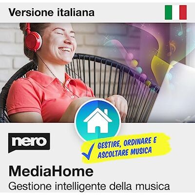 Nero MediaHome Gestione Musica Organizza e Riproduci Brani Riconoscimento Automatico e Importa CD Audio Licenza a Vita 1 PC Windows 11 / 10 / 8 / 7 Nero MediaHome Gestione Musica Organizza e Riproduci Brani Riconoscimento Automatico e Importa CD Audio Licenza a Vita 1 PC Windows 11 / 10 / 8 / 7