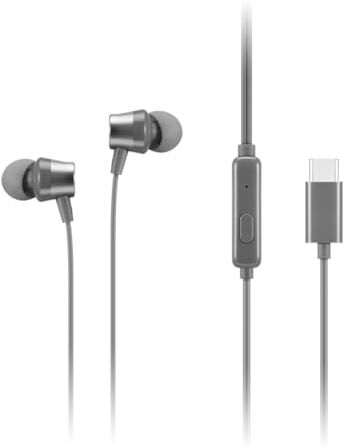 Lenovo 300 cuffie in-ear USB-C cablate Microfono in linea Connettività USB-C Pulsante Play & Pausa 3 misure di auricolari in silicone inclusi, grigio