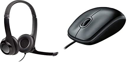 Logitech H390 Cuffie Cablate, Cuffia Stereo Con Microfono Regolabile Con Cancellazione Del ‎‎Rumore, Usb & B100 Mouse Usb Cablato, 3 Pulsanti, Rilevamento Ottico