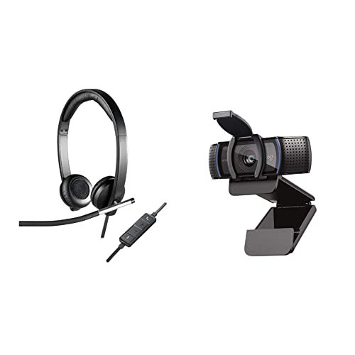Logitech H650e Cuffie Cablate, Stereo Con Microfono a Cancellazione di Rumore, USB & C920S HD Pro Webcam, Videochiamata Full HD 1080p/30fps, Audio Stereo ‎Chiaro