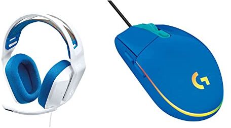 Logitech 335 Cuffie Gaming Cablate, Microfono Flip to Mute, Jack Audio da 3.5 mm, Padiglioni in Memory Foam, Leggera, Bianco & 03 LIGHTSYNC Mouse Gaming con Illuminazione RGB- Blu