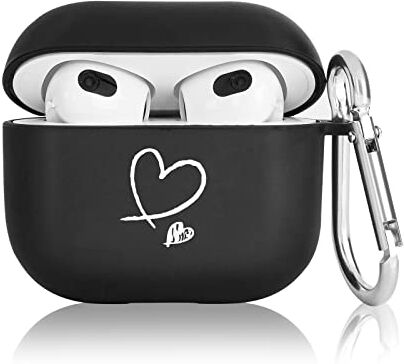 Newseego Compatibile con Airpods 3 Custodia, [Fashion Cute Love Heart Design] Cover Morbida Nera in TPU Opaca con Moschettone Argento Custodia Protettiva per Cuffie Antiurto per Ragazze Donne