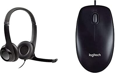 Logitech H390 Cuffie Cablate, Cuffia Stereo con Microfono Regolabile con Cancellazione del ‎‎Rumore, USB, Controlli sul Cavo, Nero & M90 Mouse USB Cablato, 1000 DPI, Nero