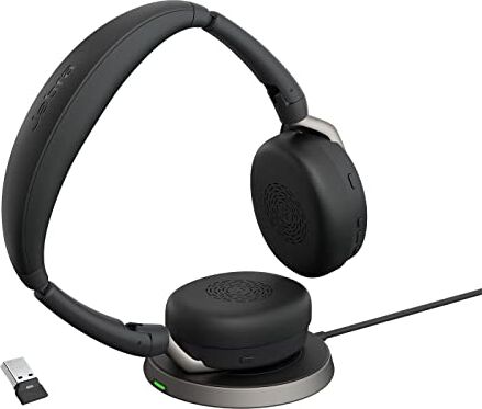 Jabra Evolve2 65 Flex Cuffie Stereo Bluetooth, pad di ricarica wireless, tecnologia di cancellazione del rumore  ClearVoice e ANC ibrida Certificate per MS Teams Nero