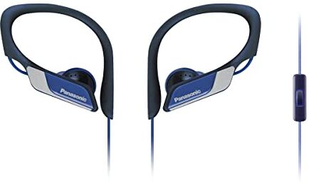 Panasonic RP-HS35M Cuffie Sport, Design Ergonomico a Tenuta Stabile, Suono Dinamico e Bassi Potenti, Archetto Regolabile, Impermeabilità IPX2, con Microfono, Blu