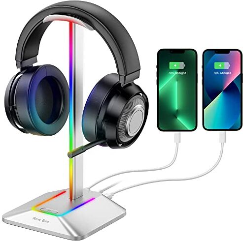 New bee Supporto per Cuffie RGB, Porta Cuffie Gaming da Scrivania Rimovibile con Caricabatterie USB di Tipo C e Trasferimento Dati, Universale, Stand per Cuffie da Gioco, per Tutte le Cuffie(Argento)