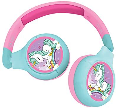 Lexibook Unicorno Cuffie Bluetooth 2-in-1 per bambini Stereo senza fili cablato, cassaforte per bambini per ragazze, pieghevole, regolabile,