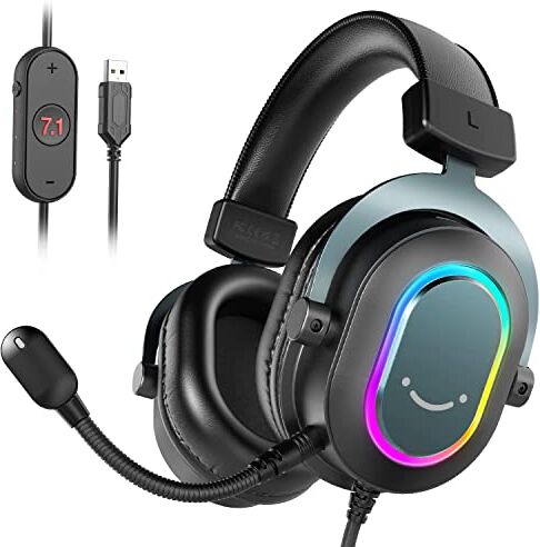 FIFINE Cuffie Gaming PC 7.1 Surround, Cuffie con Microfono per PS4 PS5, Cuffie con Filo con 3 modalità EQ, Auricolare con RGB e cuscinetti auricolari morbidi