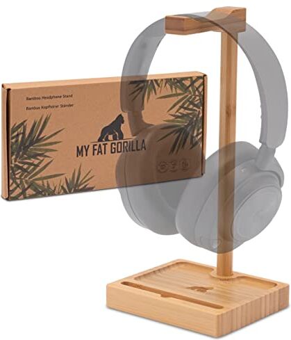 MY FAT GORILLA Porta cuffie in bambù, supporto cuffie con spazio per smartphone, porta cuffie da scrivania con ripiano, stand cuffie in legno, supporto per cuffie sostenibile, reggi cuffie