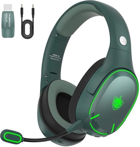 PHOINIKAS Cuffie Bluetooth, 2.4Ghz Cuffie Gaming Wireless, Bluetooth per Telefono/Portatile, Dongle 2.4Ghz per PC/PS4/PS5/TV/Switch, Microfono a Cancellazione di Rumore, Batteria 30 H, Luce LED