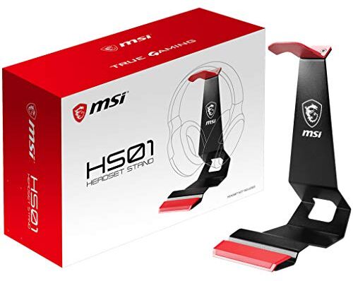 MSI HS01 Supporto per cuffie da gaming, gestione intelligente dei cavi, design solido in metallo, base antiscivolo, supporto per cellulare integrato, Nero e Rosso