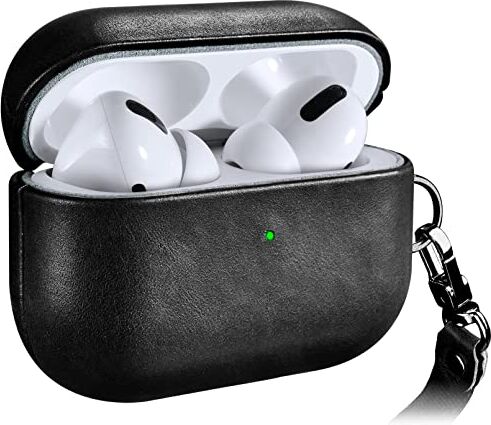 ICARERSPACE Custodia in vera pelle antiurto per AirPods Pro, custodia di ricarica per auricolari Apple AirPods Pro (LED visibile) supporto caricabatterie wireless nero