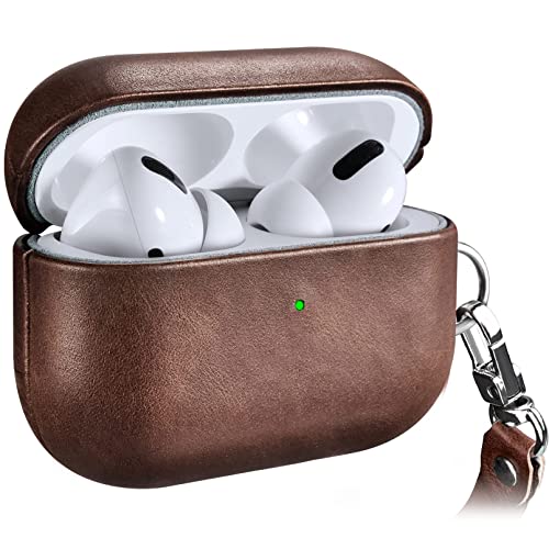 ICARERSPACE Custodia in pelle per AirPods Pro, custodia protettiva antiurto in vera pelle per auricolari Apple AirPods Pro,custodia di ricarica LED visibile supporto caricabatterie wireless marrone