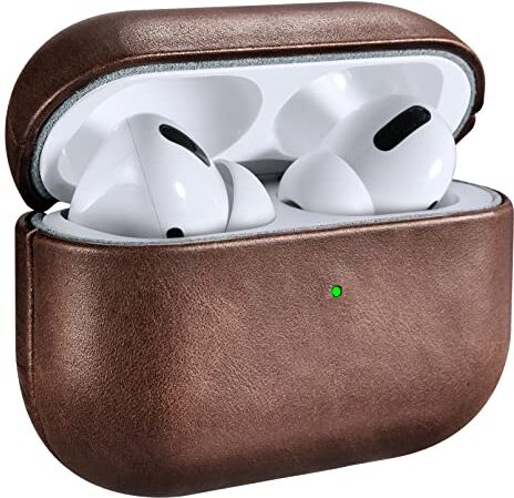 ICARERSPACE Custodia in pelle per AirPods Pro,custodia protettiva antiurto in vera pelle per auricolari Apple AirPods Pro,custodia di ricarica LED visibile supporto caricabatterie wireless marrone