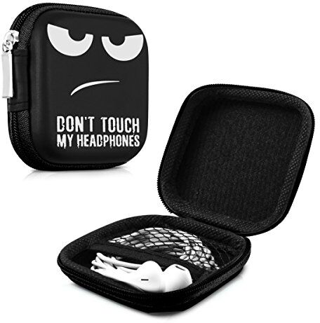 kwmobile Custodia porta auricolari universale Box porta cuffie In-Ear con tasca interna e cerniera Astuccio rigido imbottito cuffiette Don't touch my Headphones bianco/nero/nero