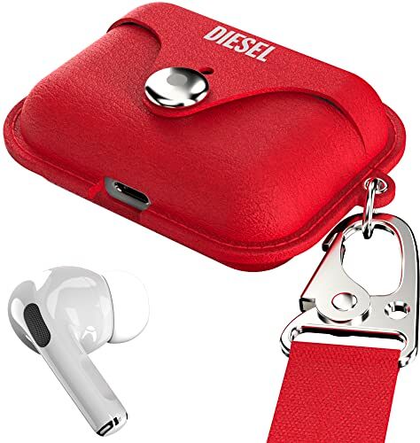 Diesel Custodia compatibile con AirPods Pro, custodia protettiva per auricolari in pelle, compatibile con ricarica wireless, custodia per cuffie Bluetooth con cinghia per il trasporto, rosso