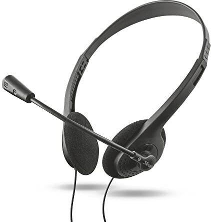 Trust Primo Cuffie con Microfono Leggere, Connessione 3,5 mm, Cavo 1,8 m, Auricolari con Filo, Headphones Cablato per PC, Computer, Portatile, Laptop, Macbook, Ufficio, Teams, Skype, Zoom Nero