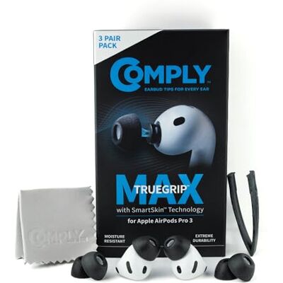 Comply TrueGrip MAX Almohadillas de espuma viscoelástica premium de repuesto para APPLE AirPods Pro (3 generación) Tecnología SmartSkin™ Excelente aislamiento acústico Blanco, talla S, 3 pares Comply TrueGrip MAX Almohadillas de espuma viscoelástica premium de repuesto para APPLE AirPods Pro (3 generación) Tecnología SmartSkin™ Excelente aislamiento acústico Blanco, talla S, 3 pares