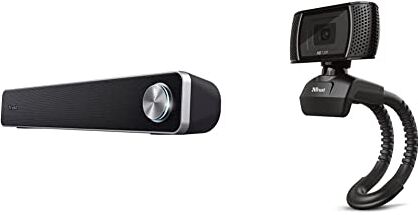 Trust Arys Soundbar PC, 12 W, Casse PC, Alimentazione USB, Jack 3,5 mm, Barra Audio & Trino Webcam HD con Microfono Incorporati, 1280 x 720, USB 2.0, Video Camera per PC