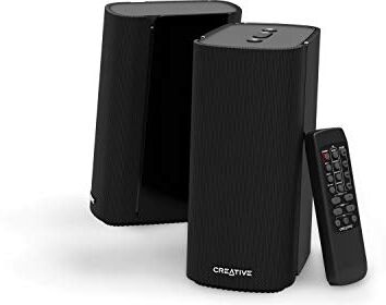 Creative T100 Altoparlanti desktop Hi-Fi 2.0 compatti, con potenza di picco di 80W con Bluetooth 5.0, ingresso ottico, ingresso AUX, per computer e laptop (nero)