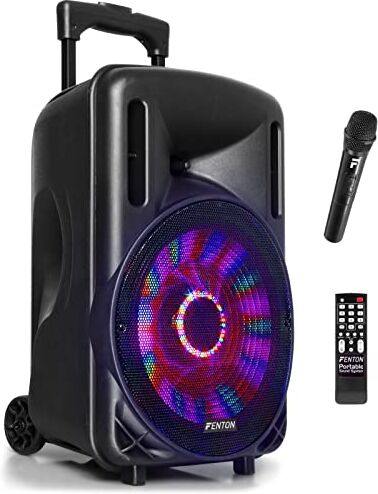 FENTON 170.091 Sistema Portatile attivo da 450W, con illuminazione LED RGB Woofer da 10” con BT/USB / MP3 e Microfono UHF, Nero