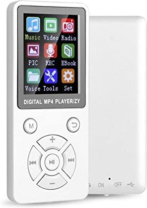 Plyisty Lettore MP3 MP4 da 32 GB con Bluetooth 4.2, Lettore Musicale Portatile con Schermo a Colori da 1,8 ", 6-8 Ore, Supporto per e-Book, Immagini, Video, Radio, Registrazione(Bianca)