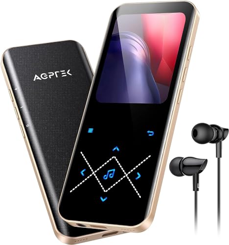 AGPTEK 64 GB Lettore MP3 Bluetooth 5.3, Lettore Musica 2.4" Schermo HD, Lettore Audio HiFi Pulsante Touch Altoparlanti Integrati Fibbia Singola Radio Pedometro Registratore, Scheda Estende a 128 GB