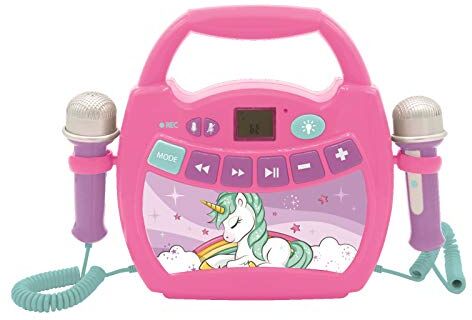 Lexibook Unicorno Lettore Musicale Karaoke Portatile per Bambini Microfoni, Effetti di Luce, Bluetooth, Registrazione vocale e funzioni di Modifica, batterie Ricaricabili, Rosa,