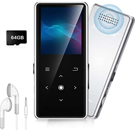 AiMoonsa 64GB Lettore MP3 con Bluetooth 5.2,  Lettore Musicale con Altoparlante HD Integrato, radio FM, Registratore Vocale, Suono HiFi, Peso 0,15 lb, Funzione E-book, Auricolari Inclusi