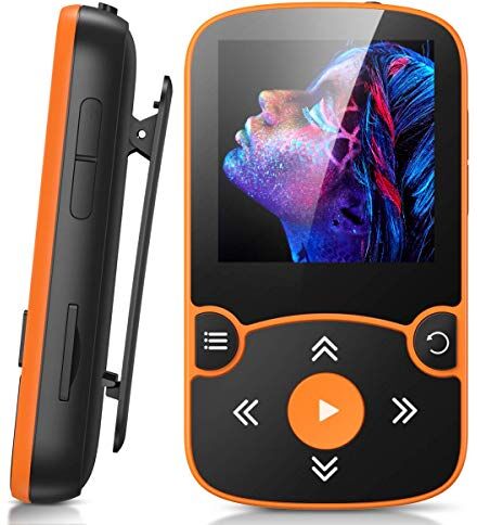 AGPTEK Lettore MP3 Running 32 GB, con Clip Bluetooth 5,3, MP3 Player Sport Mini Portatile, Contapassi Integrata, Radio FM, Registrazione, Lettura E-book, Slot TF Fino a 128 GB (Arancione)