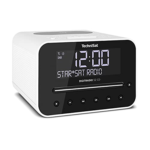 TechniSat DIGITRADIO 52 CD – Stereo DAB Radio Sveglia con due tempi di sveglia regolabili (DAB+, VHF, Snooze, Sleeptimer, display, Bluetooth, funzione di ricarica wireless, lettore CD) bianco