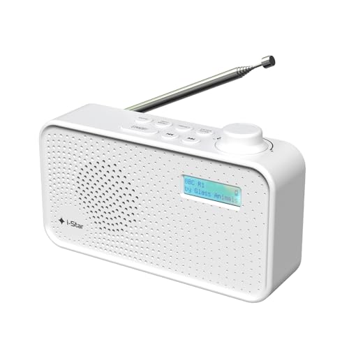 I-STAR Radio DAB/DAB Digital+ e FM, rete portatile e radio DAB alimentate a batteria radio digitale ricaricabile con ricarica USB, bianco