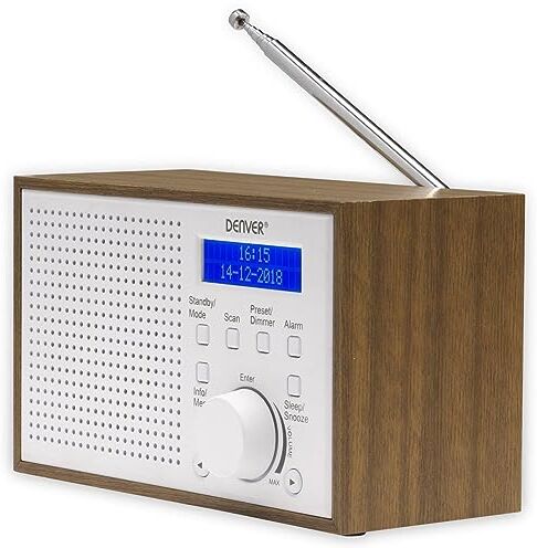 Denver Radio digitale DAB+ e FM.  . Orologio e sveglia. Funziona con batteria e corrente. Uscita audio da 2 W. Finitura legno. Bianco