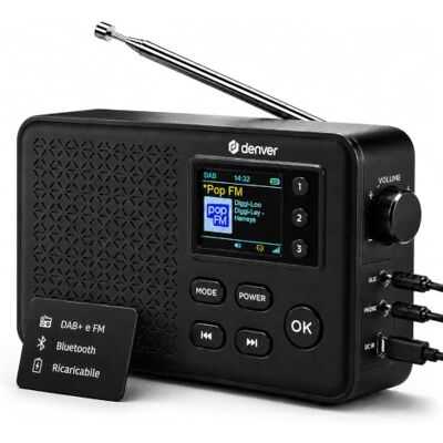 Denver Radio Portatile Dab, Radio Bluetooth 5.0, FM, Batteria 1900 mAh Radio DAB, FM, Bluetooth, Batteria ricaricabile, Display a colori, Doppia sveglia, AUX, USB C Denver Radio Portatile Dab, Radio Bluetooth 5.0, FM, Batteria 1900 mAh Radio DAB, FM, Bluetooth, Batteria ricaricabile, Display a colori, Doppia sveglia, AUX, USB C