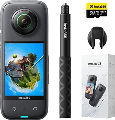 Insta360 X3 Vlog Kit Action Cam 360 impermeabile con sensore da 1/2", foto 360 da 72MP, video 360 5.7K, stabilizzazione, touch screen 2,29", vibrazione, editing IA, live streaming, webcam