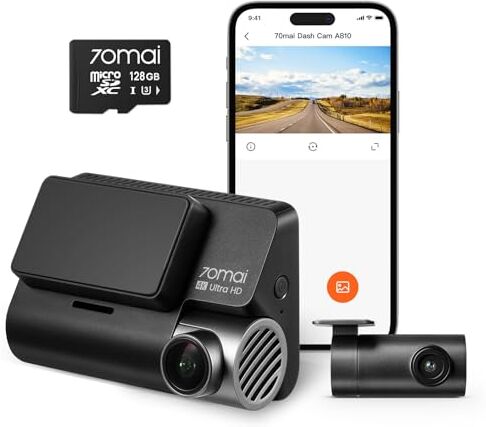 70mai Nuova Dash Cam 4K A810 Fronte e Retro con Scheda SD da 128GB, GPS Integrato, Visione Notturna Owl, Supporto fino a 256GB, Modalità Smart Parking Guardian, Rilevazione Movimento AI