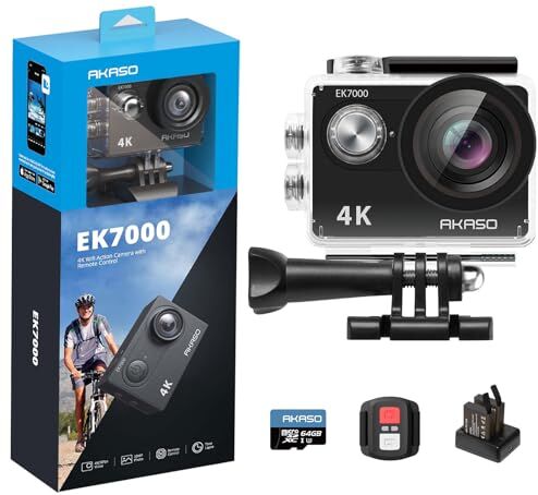 AKASO EK7000 Action Cam 4K 30FPS con Scheda di Memoria MicroSDXC da 64GB, WiFi 20MP Fotocamera Subacquea, Videocamera Stabilizzata Caricabatterie con 2 Batterie, Angolo di 170°