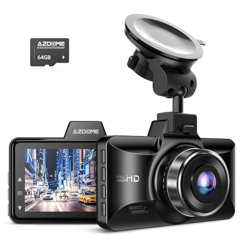 AZDOME Telecamera per Auto 1080P Dash Cam Auto con Schermo da 3 Pollici, Visione Notturna, Angolo Visione 150°, Registrazione in Loop, Modalità Parcheggio, Sensore G, Scheda SD da 64GB(M01 Pro)