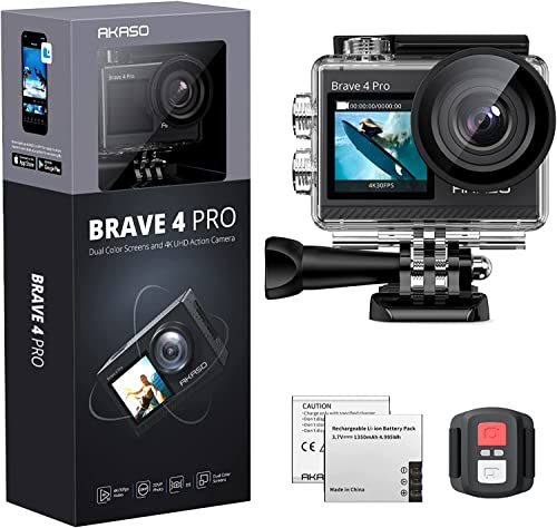 AKASO Brave 4 Pro Action Cam 4K 40M Fotocamera Subacquea, Videocamera 20MP WiFi 170° Grandangolare Doppio Schermo EIS Stabilizzazione, Touch Screen, 5x Zoom, 2x1350mAh Batterie, Kits di Accessori