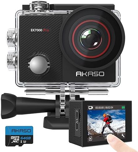 AKASO EK7000 Pro Action Cam 4K 20MP WiFi con scheda di memoria microSDXC da 64 GB, Fotocamera Subacquea 40M, Impermeabile Videocamera EIS Stabilizzazione con Touch Screen