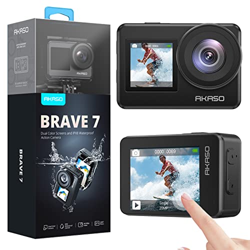 AKASO Brave 7 Action Cam 4K 30FPS 20MP, IPX8 Fotocamera Subacquea Stabilizzata, Impermeabile Videocamera con Comando Vocale, Grandangolare, Doppio Touchscreen