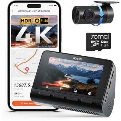 70mai A800SE Dashcam 4K+1080P GPS WiFi, HDR Doppia Telecamera con SD 128GB F1.55, Visione Notturna, ADAS, Schermo 3", Monitoraggio Parcheggio 24/7, Supercondensatore, Registrazione in Loop, 70mai A800SE Dashcam 4K+1080P GPS WiFi, HDR Doppia Telecamera con SD 128GB F1.55, Visione Notturna, ADAS, Schermo 3", Monitoraggio Parcheggio 24/7, Supercondensatore, Registrazione in Loop,