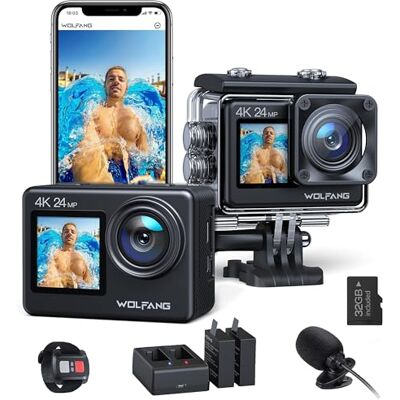 WOLFANG Dual Screen Action Cam GA200 4K 24MP WiFi EIS Anti-Shock Fotocamera 40M Subacquea Videocamera, Telecomando 2.4G, Caricabatterie, Batterie 2x1050mAh e Accessori WOLFANG Dual Screen Action Cam GA200 4K 24MP WiFi EIS Anti-Shock Fotocamera 40M Subacquea Videocamera, Telecomando 2.4G, Caricabatterie, Batterie 2x1050mAh e Accessori