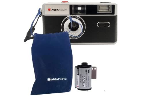 AgfaPhoto Analogue 35 mm Compact Film Camera nero in set: pellicola per immagini in bianco e nero + batteria