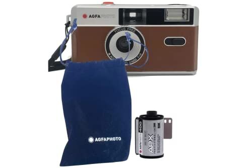 AgfaPhoto Analogue 35 mm Compact Film Camera marrone in set: pellicola per immagini in bianco e nero + batteria