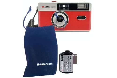 AgfaPhoto Analogue 35 mm Compact Film Camera rossa in set: pellicola per immagini in bianco e nero + batteria