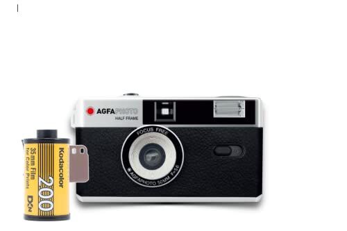 AgfaPhoto Fotocamera analogica da 35 mm, formato 1/2, colore nero, con pellicola negativa e batteria
